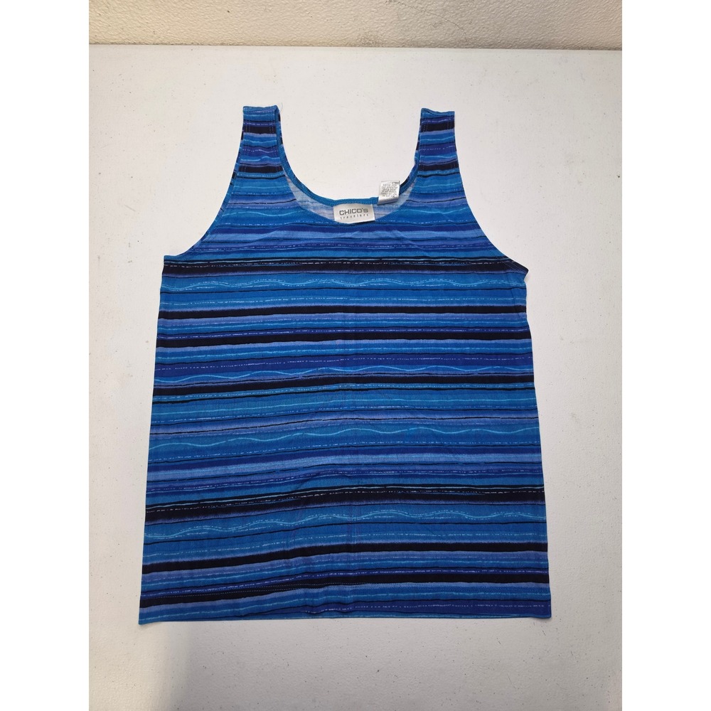 Chicos Travelers Blue Striped Tank Top Scoop Neck Sleeveless Shell Size 0 S